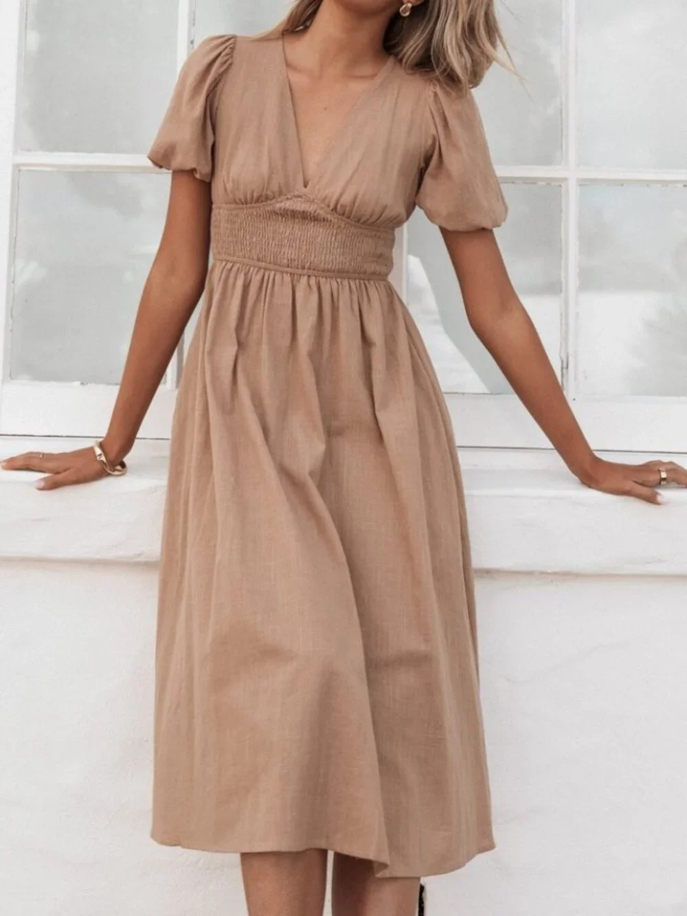 NWT Petal & Pup Ronnie Short Sleeve Midi Dress, Size L, Tan